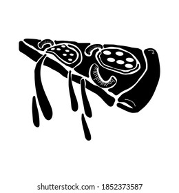 Pizza slice with salami and vegetables silhouette, fast food meat pastry, hot food for pizzeria logo or packaging design vector illustration