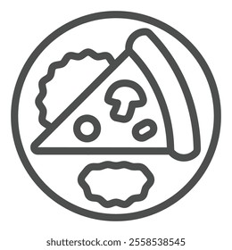 Pizza slice sauce piece in plate line icon, bakery products concept. Vector graphics. Food dish sign on white background, outline style icon for mobile or web design