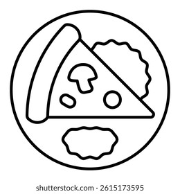 Pizza slice sauce piece in plate thin line icon, bakery products concept. Vector graphics. Food dish sign on white background, style mobile or design