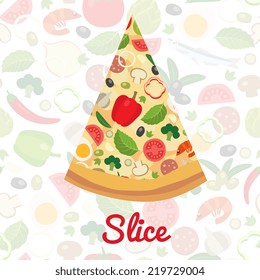 Pizza slice and seamless pattern background, cartoon flat style illustration