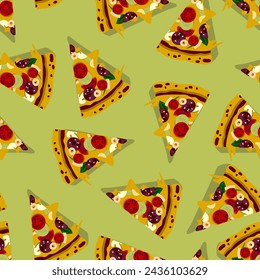 Pizza slice seamless pattern. Colored pizza background. Vector  illustration