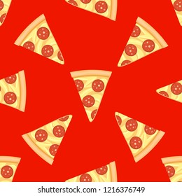 Pizza slice seamless pattern.  Fast food vector illustration.