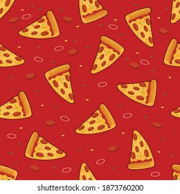 Pizza slice seamless pattern with mozzarella on dark background
