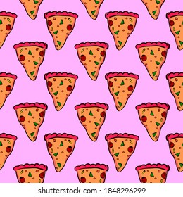 Pizza slice, seamless pattern on pink background.