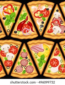 Pizza slice seamless pattern. Pizza on the black background and the ingredients for the pizza. Vector illustration