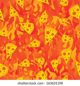 Pizza slice seamless pattern over fire background vector illustration