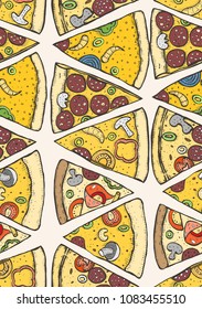 Pizza Slice seamless Pattern. Wallpaper Background. Vector Engraving old style illustration