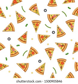Pizza slice seamless vector background isolated o white background with beans, maize or corn, and arugula.