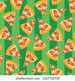 Pizza Slice Seamless Vector Pattern. Background With Hand Draw Pizza. Doodle Pizza With Olives, Mushroom, Cheese, Salami, Tomato. Fast Food Seamless. Use For Menu, Flyer, Football Soccer Party, Decor.