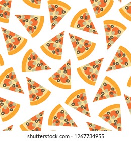 Pizza slice seamless vector pattern. Background with hand draw pizza. Doodle pizza with olives, mushroom, cheese, salami, tomatoes. Fast food seamless vector pattern. Use for menu, flyer, decor, party
