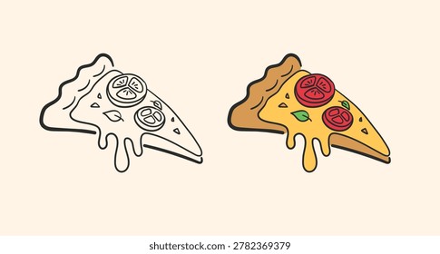 Pizza Slice Set Hand Drawn Outline and Color Fast Food Illustration Cheesy Slice Icons