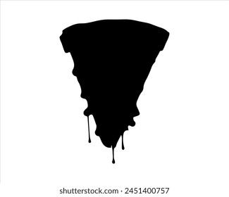 Pizza slice silhouette with flowing cheese vector illustration on white background. Black pizza slice icon.