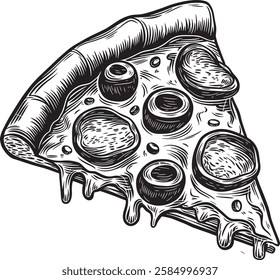 Pizza slice silhouettes art black and white with ham beef and chees illustration stock photos