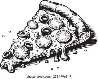 Pizza slice silhouettes art black and white with ham beef and chees illustration stock photos