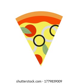 Pizza slice single and simple modern design. Stock vector illustration. Pizza with salami, onion, sausage, basil leaves and olive. Pizza logo, food delievery, sticker.