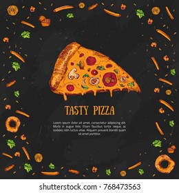 Pizza slice sketch design. Colorful Vector illustration with different fast food items on dark chalkboard. Menu template for pizzeria