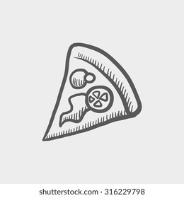 Pizza slice sketch icon for web, mobile and infographics. Hand drawn vector dark grey icon isolated on light grey background.