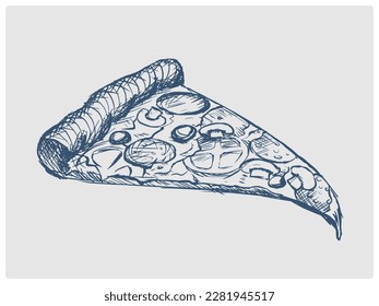 Pizza slice sketch obsolete blue style vector illustration. Old hand drawn azure engraving imitation.