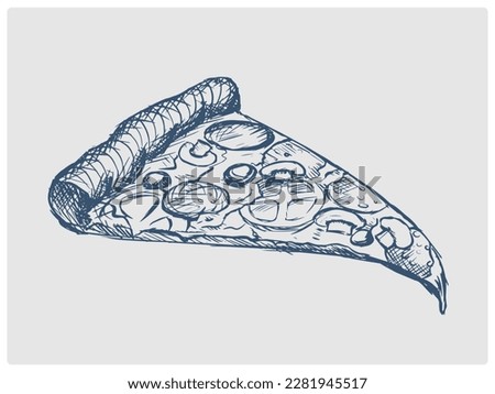 Pizza slice sketch obsolete blue style vector illustration. Old hand drawn azure engraving imitation.