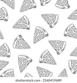 Pizza slice sketch seamless pattern background. Pizza doodle line art motif. Hand drawn pizza fast food wallpaper