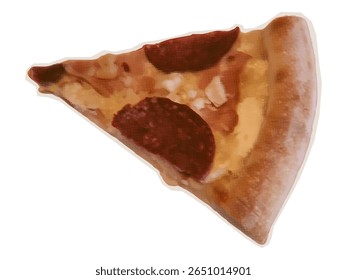 Pizza slice, small portion. Tasty food, fast food, part of pastry with sausage and cheese. Baked meat pie, pepperoni pizza with mozzarella. Paper cut collage, contemporary art, vector.