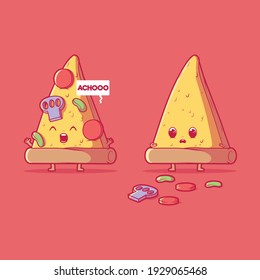 Pizza slice sneezing vector illustration. Food, disease, fast food design concept.