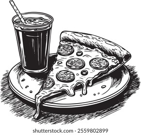 Pizza slice and soda vintage vector illustration