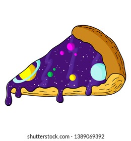 Pizza slice with space, stars and planets. Abstract vector illustration. Hand-drawn style. Isolated object on a white background. Print for T-shirts.
