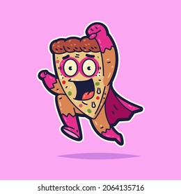 Pizza slice in superhero costume vector cartoon funny character isolated on background.