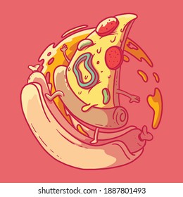 Pizza slice surfing a Hot Dog vector illustration. Fast food, surf, sport, logo design concept.