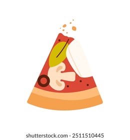 Pizza slice with tomato sauce, mushrooms and olive rings, piece of triangle shape vector illustration