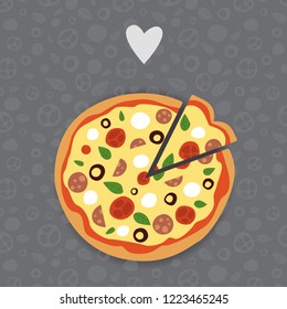 Pizza and pizza slice with tomatoes salami and mozzarella. Pizza vector on seamless background.
