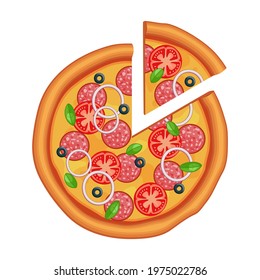 Pizza, slice of pizza. Tomatoes, salami, olives, vector illustration on an isolated white background.