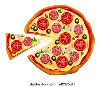 pizza with slice. top view