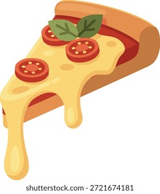 Fatia de pizza coberta com queijo derretido, tomates cereja e folhas de manjericão fresco em crosta dourada, perfeito para menus italianos, logotipos de pizzaria, ícones de entrega de alimentos e gráficos de restaurante