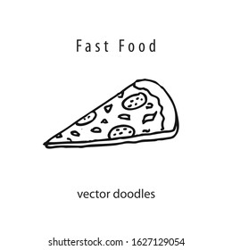 Pizza. Slice of traditional Italian pie - pizza. Hand drawn doodle sketch. Fast food vector illustration.