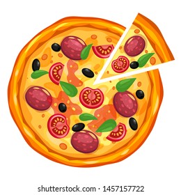 Pizza and slice triangle with different ingredients tomato, cheese, olive, sausage, basil. Traditional italian fast food. Top view meal. European traditional snack. Isolated white background vector