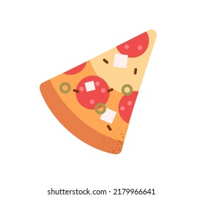 Pizza slice. Triangle piece of Italian fast food. Italy snack with salami sausage, feta cheese, olives, crust. Tasty meal, fastfood icon. Flat vector illustration isolated on white background