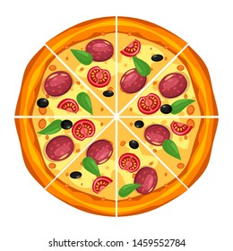 Pizza slice triangles with different ingredients tomato, cheese, olive, sausage, basil. Traditional italian fast food. Top view meal. European traditional snack. Isolated white background vector