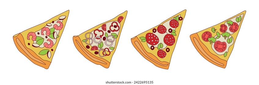 Pizza Slice with Various Filling and Topping Vector Set