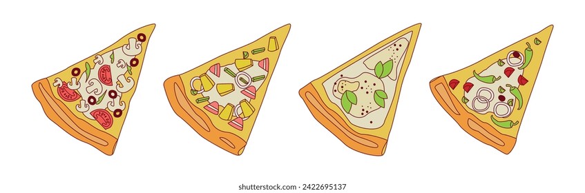 Pizza Slice with Various Filling and Topping Vector Set