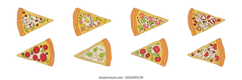 Pizza Slice with Various Filling and Topping Vector Set