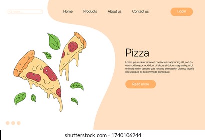 Pizza slice vector cartoon landing page design. Italian fast food with melted cheese and pepperoni. European snack. Bright colorful tasty fast food concept for restaurant, cafe, web design.