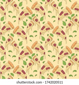 Pizza slice vector cartoon seamless pattern. Italian fast food with melted cheese and pepperoni and basil leaves. Bright colorful tasty fast food concept for restaurant, cafe, web design.