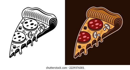 Pizza slice vector drawing in two styles monochrome and colored illustration
