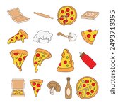 pizza slice vector graphic flat design set box sauce bottle mushroom isolated white background