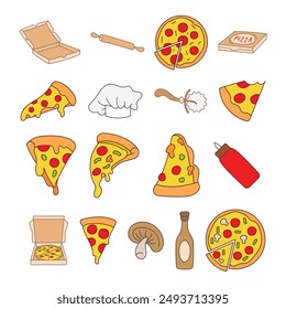 pizza slice vector graphic flat design set box sauce bottle mushroom isolated white background