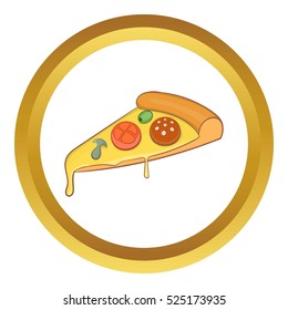 Pizza slice vector icon in golden circle, cartoon style isolated on white background
