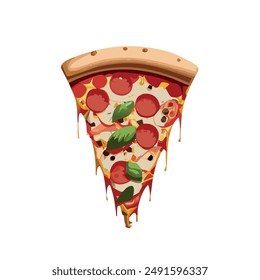 Pizza slice vector illustration. With cheese, tomato and pepperoni.