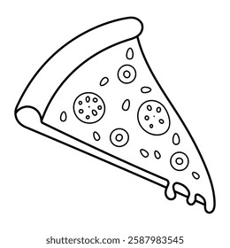 Pizza slice vector illustration. Hand-drawn doodle style with cheese and pepperoni. Black outline isolated on white background.